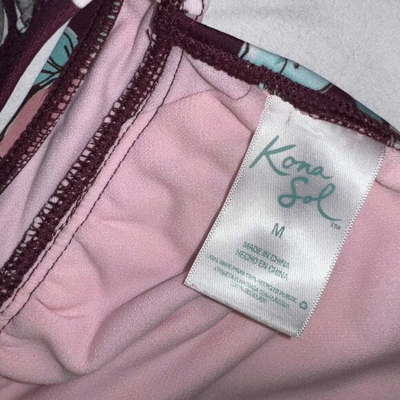 Kona Sol Burgundy Floral Bikini Two Piece Tie Hips Swim Suit Size M - Picture 7 of 10